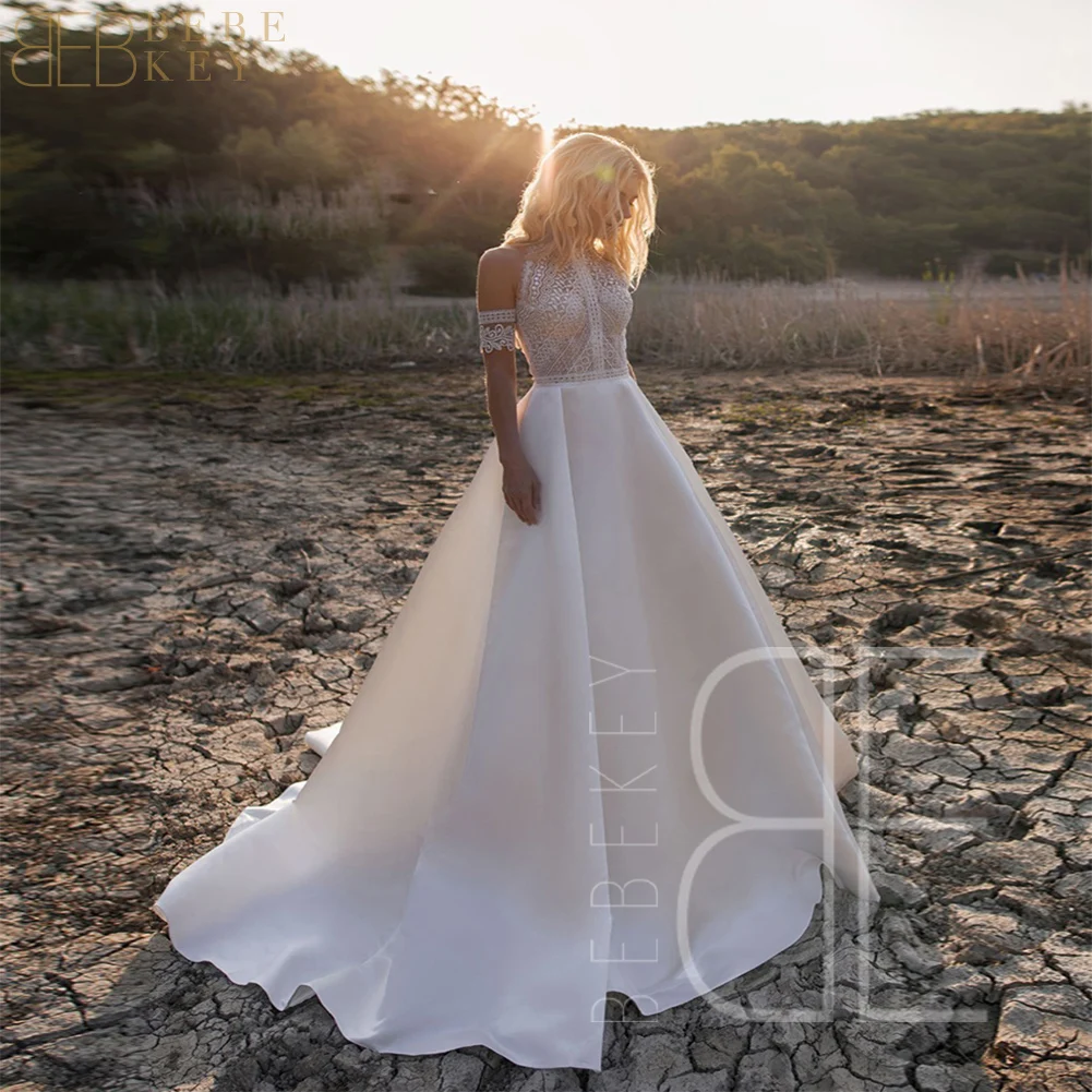 BEBEKEY Vestido de novia de corte A de satén de encaje bohemio personalizado - Vestido de novia Vestido de fiesta formal para novias