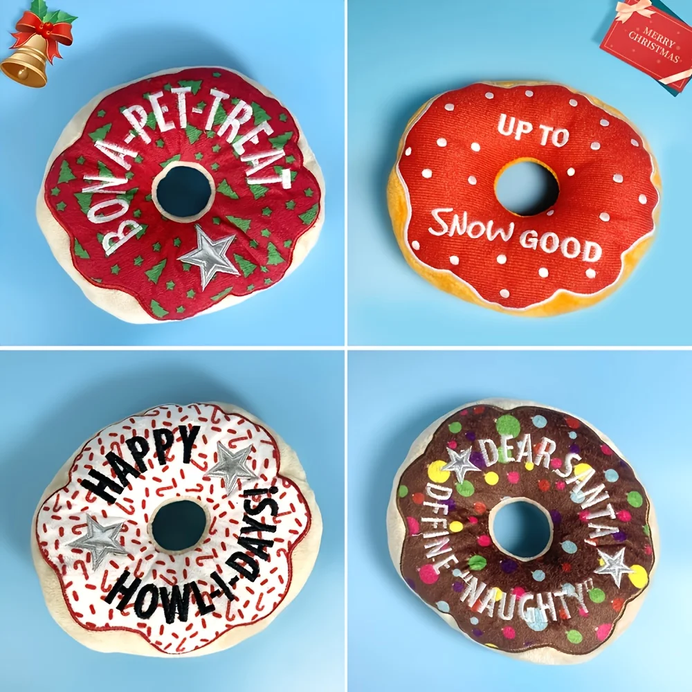 Donut de peluche de Navidad para mascotas, juguete chirriante para perros, juguetes para masticar para perros - imagen 3
