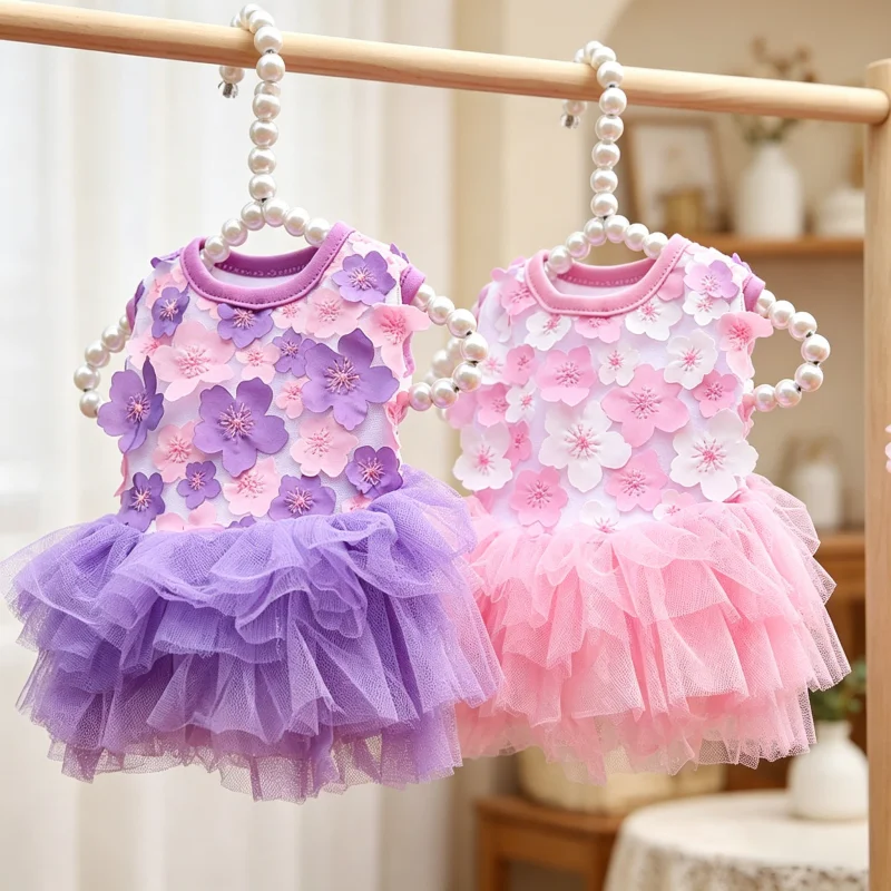 Vestido de tul con encaje, estampado floral para gatos y perros - imagen 3