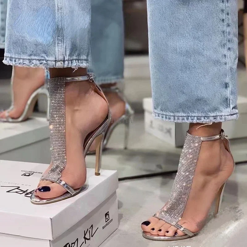 Sandalias de tacón alto con lentejuelas para mujer, zapatos brillantes con punta abierta, de lujo, para verano, 2022