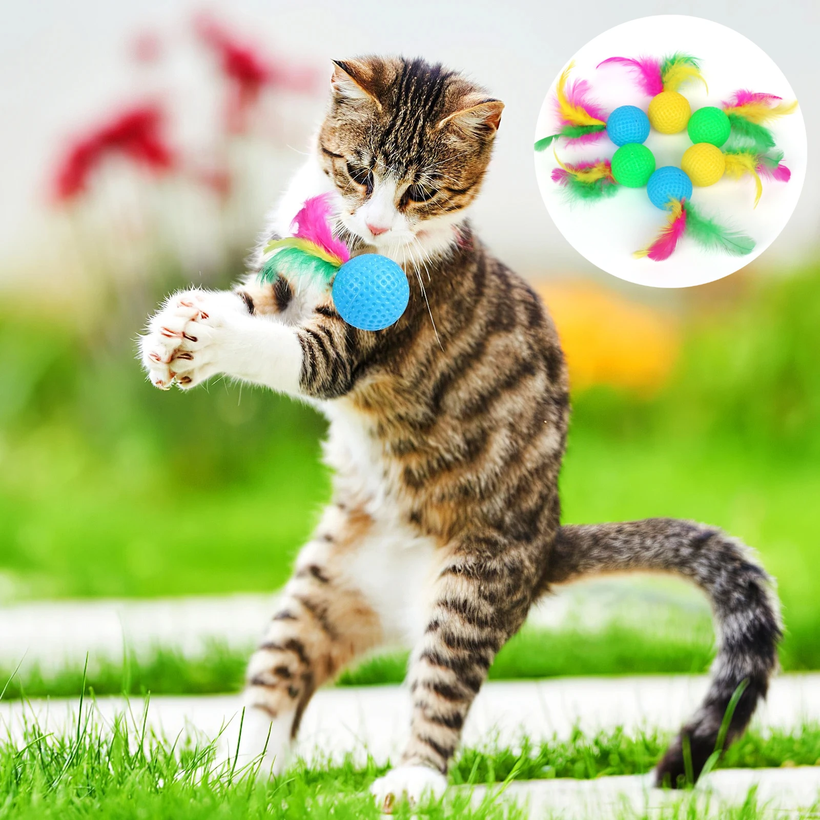 Pelota interactiva para gatos con sonido y plumas, juguete colorido para gatitos para jugar y hacer ejercicio, juguetes para mascotas oxidantes para gatos de interior