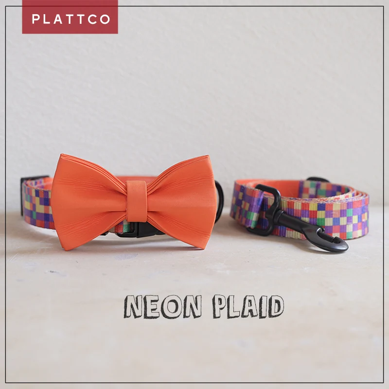 PLATTCO juego de correa de cuello con pajarita NEON PLAID para perros grandes, medianos y pequeños con hebilla adecuada de plástico y aleación de zinc PDC308