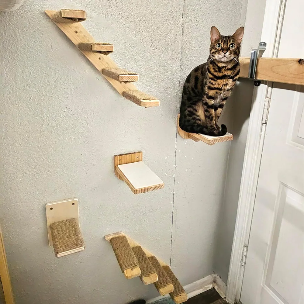 Pared de actividades para gatos montada en la pared con escaleras, perchas y hamaca, poste rascador, muebles de interior para gatos para escalar
