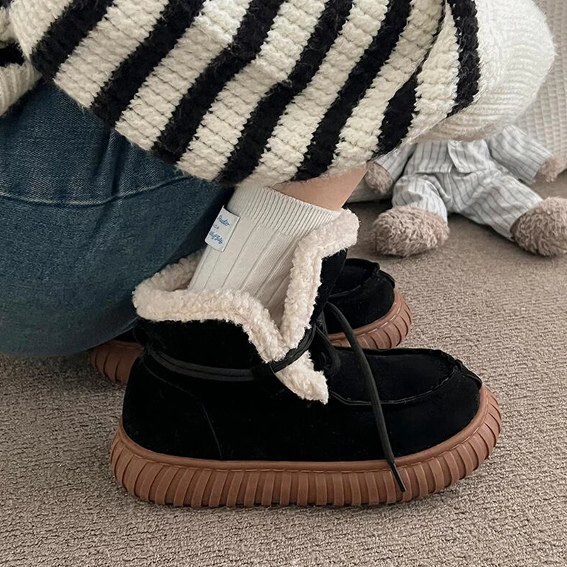 Botas de nieve de gamuza peluda con parte inferior gruesa para mujer, botines de piel esponjosa con cordones y plataforma gruesa, zapatos cálidos de felpa para mujer