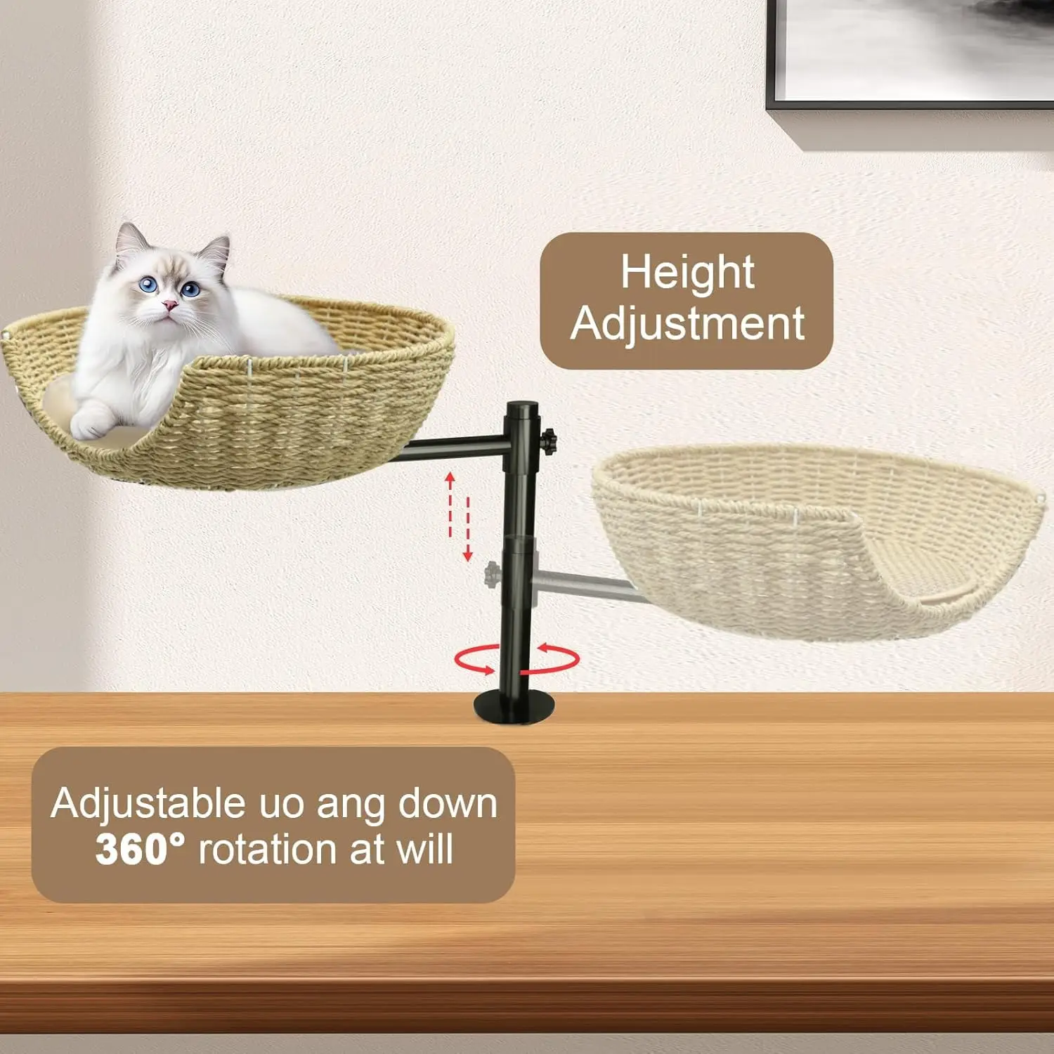 Cama de escritorio ratán para gatos con altura ajustable y giro 360 - imagen 4