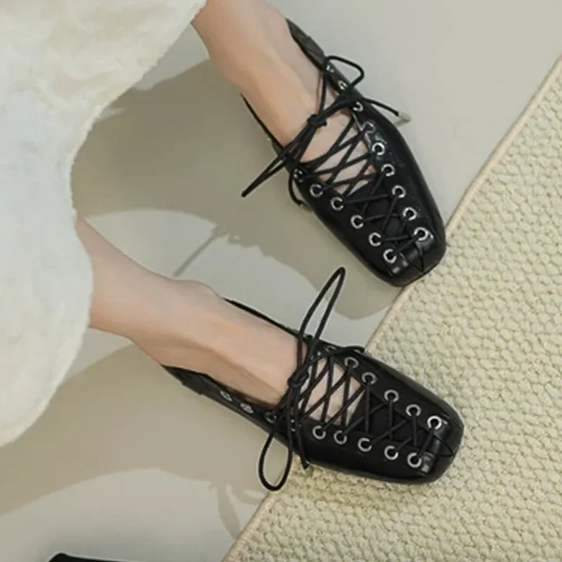 Zapatos planos de Ballet a la moda para mujer, novedad de primavera y verano, zapatos informales con cordones y punta redonda, zapatos con suela de goma Interior de cuero - imagen 2