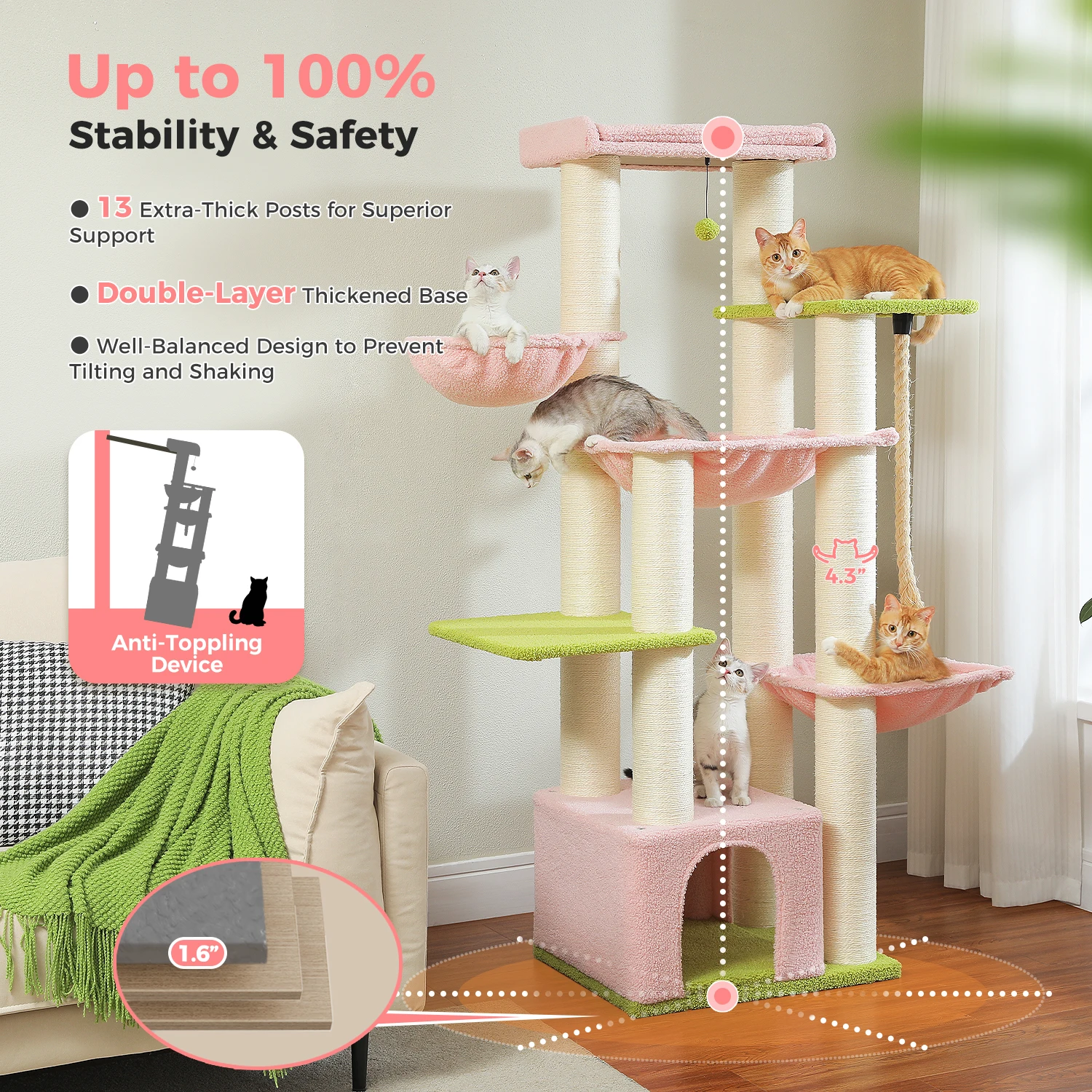 Árbol rascador alto para gatos de interior con postes de sisal gruesos - imagen 5