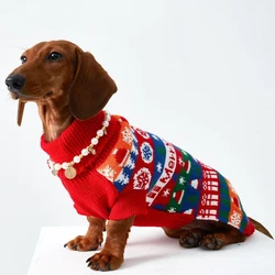 Suéter navideño para perro salchicha con copos de nieve rojo