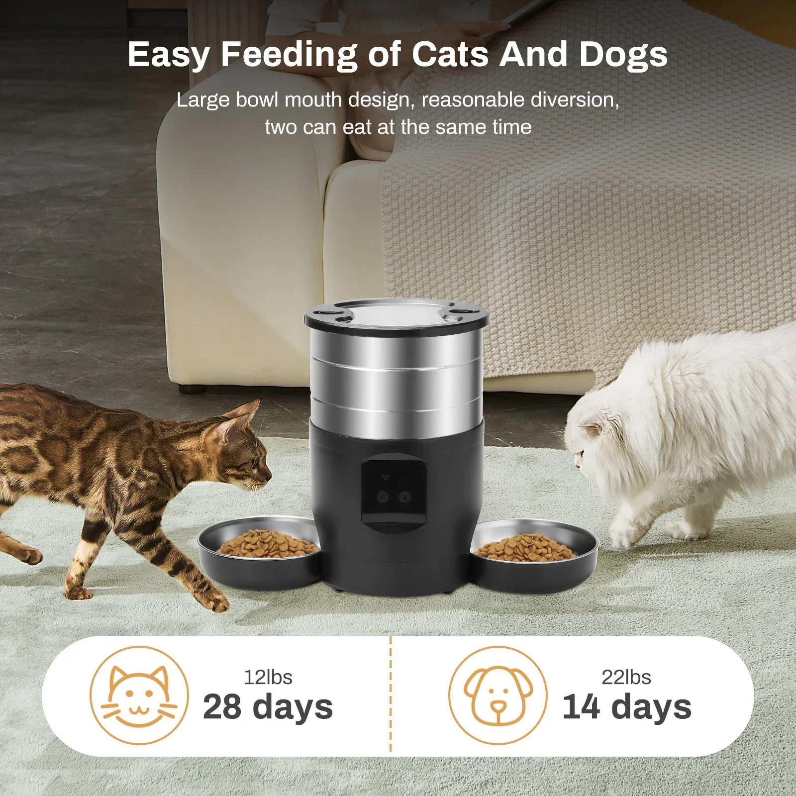 Comedero automático para gatos de 4,5l con botón WiFi, dispensador inteligente de comida para perros y gatos, dos cuencos de acero inoxidable, suministros para mascotas - imagen 3