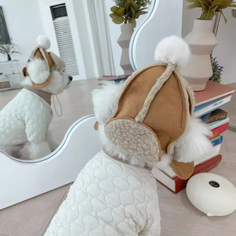 Gorro de invierno de felpa cálido y resistente al viento de piel de cordero para perros y gatos, gorro volador para perros y gatos, gorro de oso de peluche, accesorios para perros pequeños - imagen 3