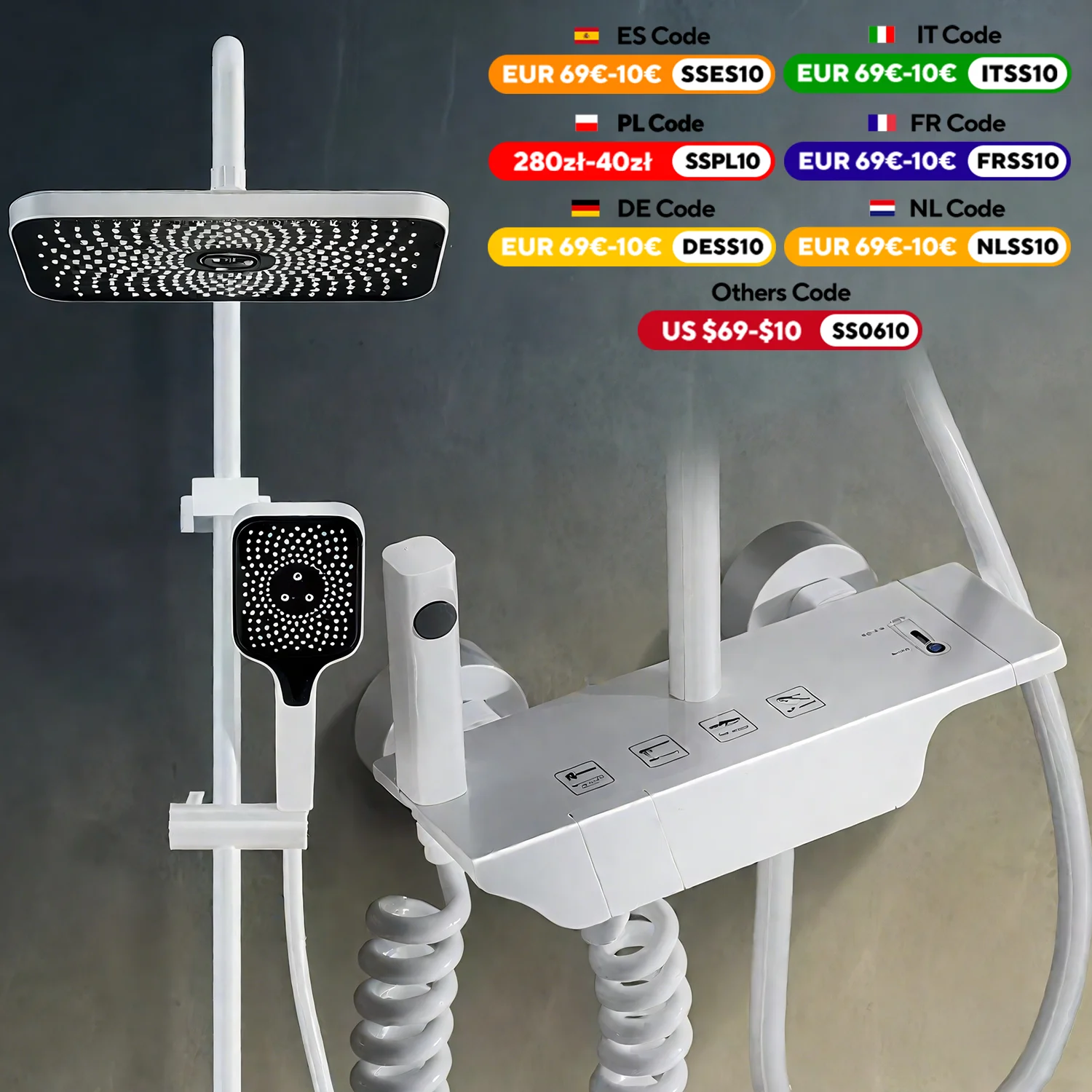 Juego de grifo de ducha para baño, termostato de ducha con pantalla Digital de 4 Funciones, grifos de cobre de descarga de alta presión, gris y negro - imagen 4