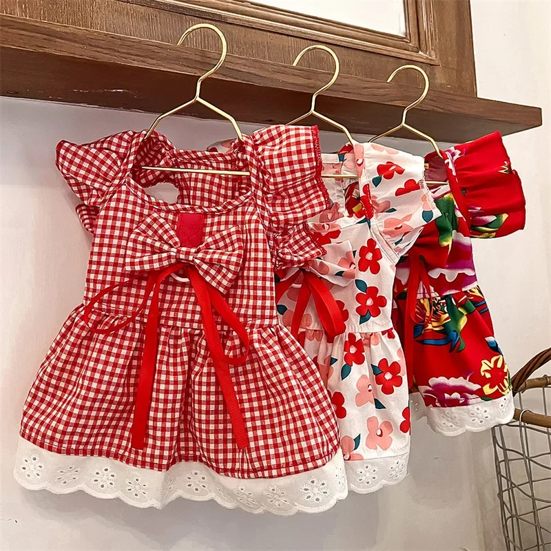 Ropa para mascotas, vestido con mangas voladoras, vestido a cuadros con flores para primavera y verano, oso de peluche, Corgi, ropa para perros y gatos, vestidos para perros pequeños - imagen 2