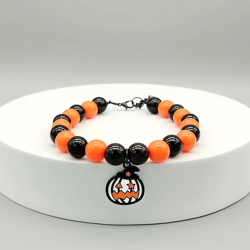 Collar de cuentas para mascotas de Halloween, Collar para perro y gato con cabeza de calabaza, cadena ajustable para el cuello de perro, adorno para mascotas - imagen 3