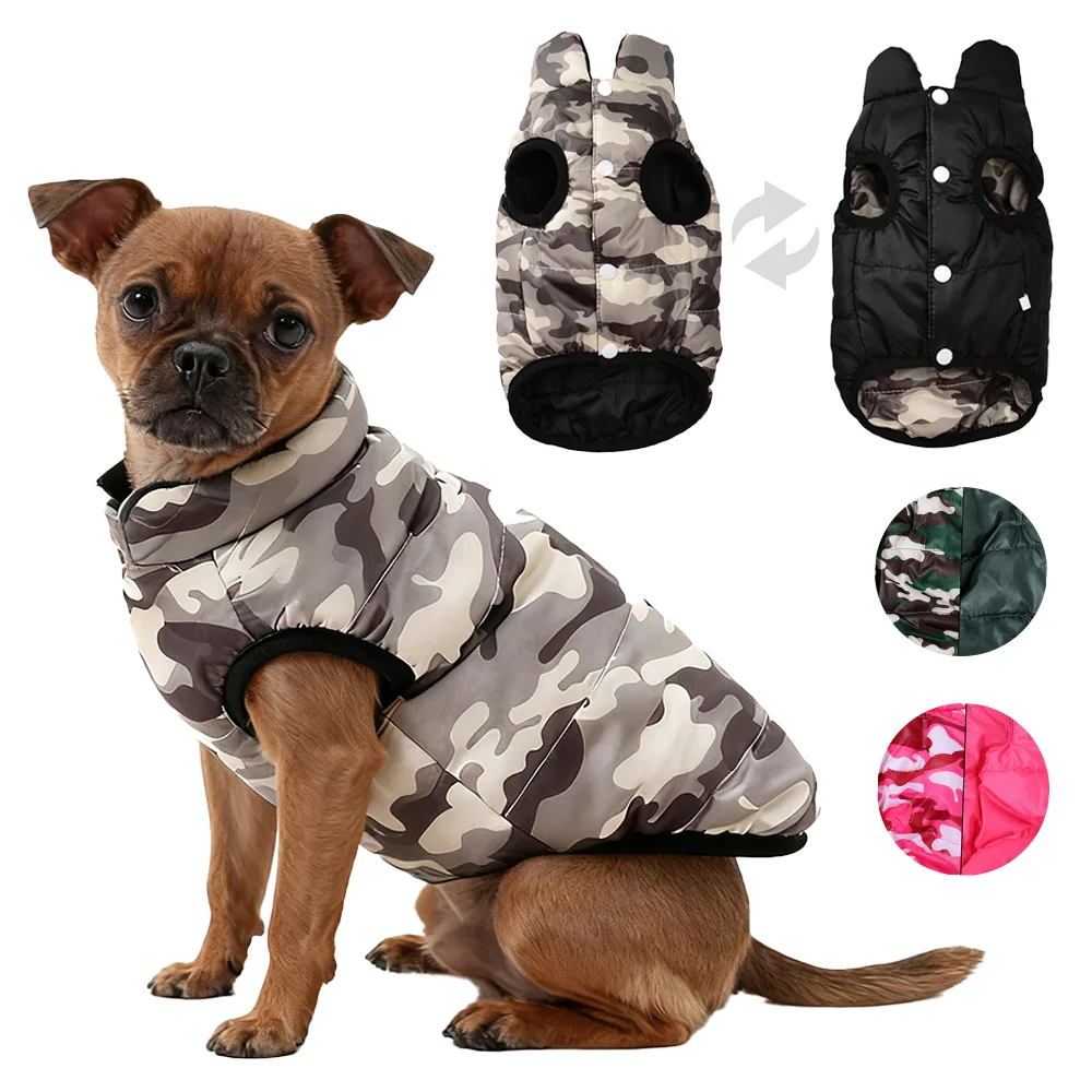 Ropa con estampado de camuflaje para perros pequeños y medianos, chaqueta Reversible cálida de invierno para mascotas con agujero para correa, abrigo Yorkshire a prueba de viento