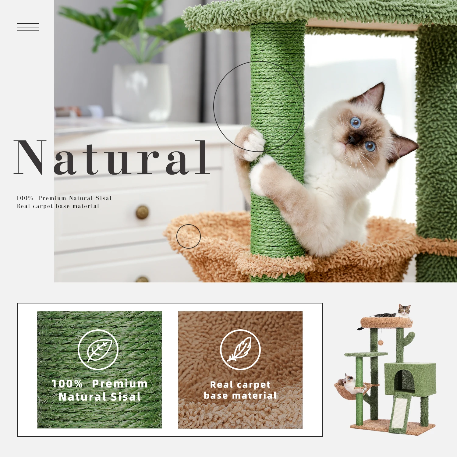 Torre de Cactus para gatos con poste de rascado cubierto de Sisal y condominio acogedor para gatos de interior, soporte de escalada para gatos con perca de felpa - imagen 3
