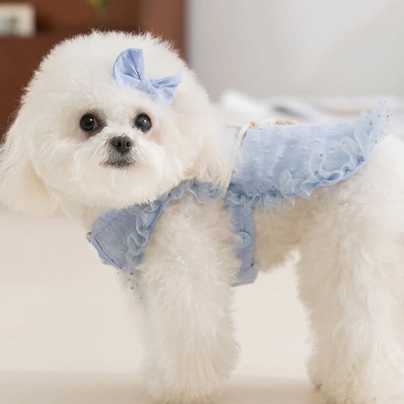 Chaleco de encaje a la moda para perros, ropa para perros de estilo Pastoral, sudadera de verano para cachorros con bolsa, camisa bonita con lazo para gatos, chaleco para mascotas, disfraz de caniche - imagen 4