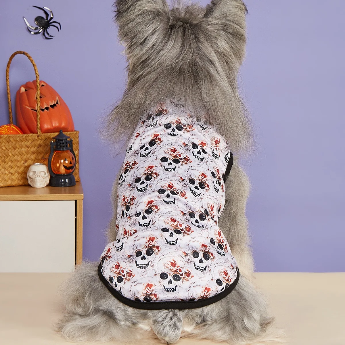 Chaleco de perro Cosplay de dibujos animados, camiseta con estampado completo de calavera y calabaza para fiesta de Halloween, ropa divertida para cachorros de mascota Yorkshire maltés - imagen 3