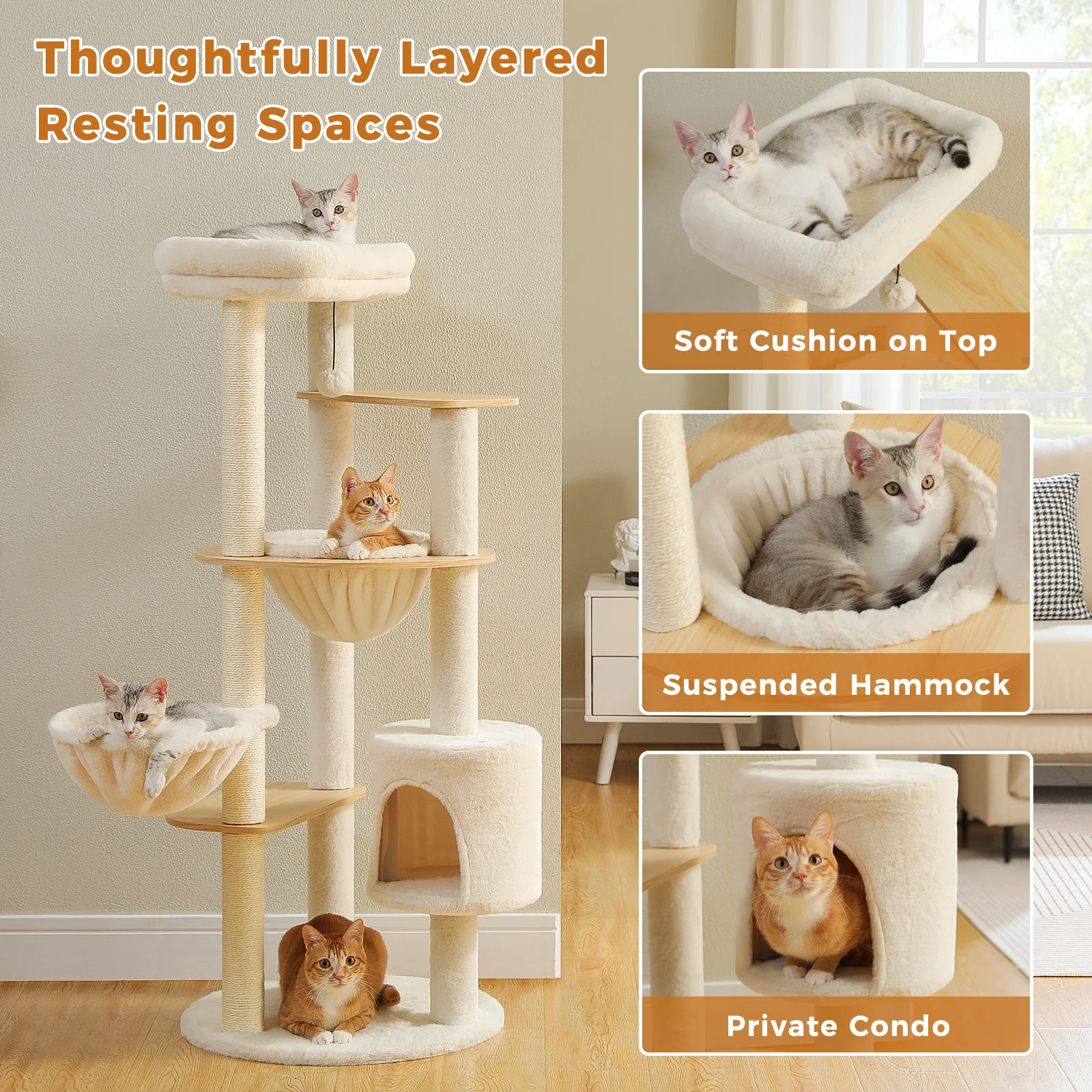 Árbol rascador madera para gatos con sisal: hamaca y plataforma - imagen 4