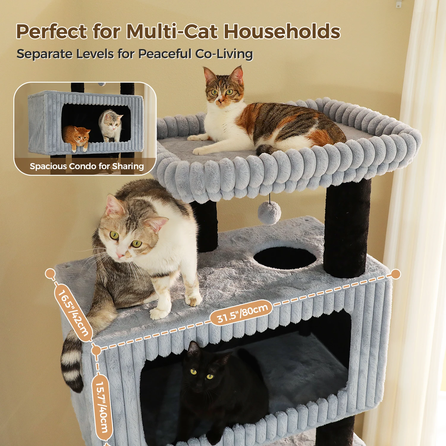 Árbol rascador multinivel para gatos con condominio y plataforma amplia - imagen 4
