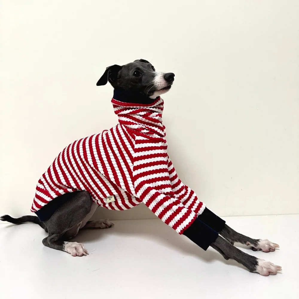 Camiseta de primavera de cuello alto a rayas rojas para perro medio, abrigo de manga larga de algodón elástico para pijamas suaves de galgo italiano Wellington - imagen 5