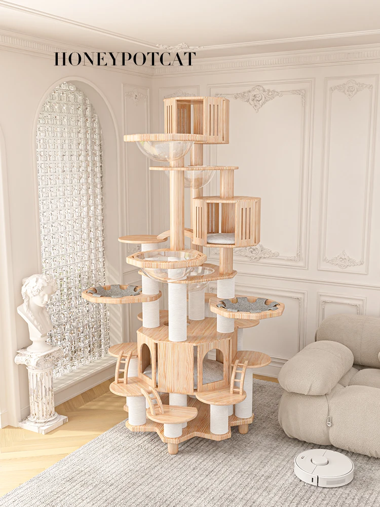 Marco de escalada para gatos, árbol para gatos, madera maciza, Castillo de gatos, puente arcoíris, plataforma de salto, cinco capas y más - imagen 3