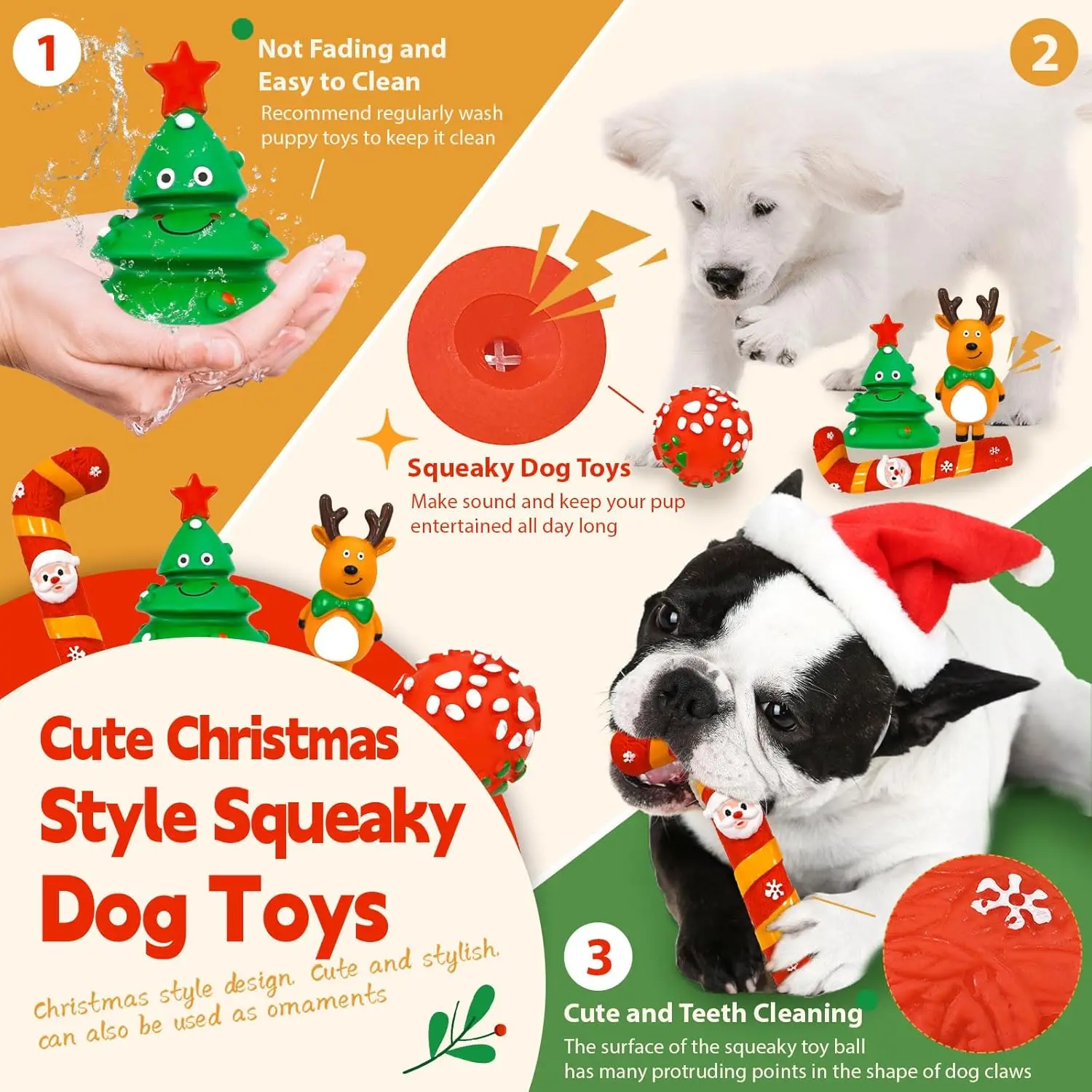 Juego de juguetes navideños para perros pequeños, pelota de juguete chirriante para vacaciones de Navidad y cuerda, juguetes interactivos para masticar para cachorros con Reno de Papá Noel, 6 uds. - imagen 3