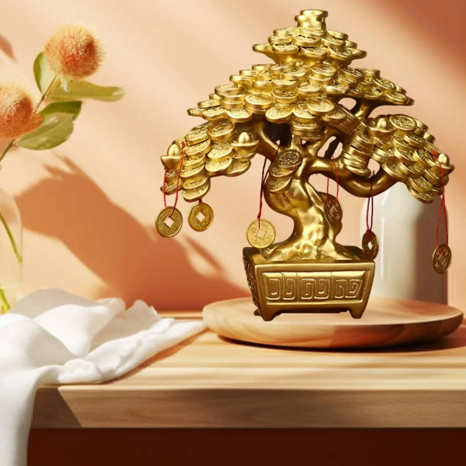 Chinese Money Tree Tabletop Decoration Golden Color Feng Shui Decoration Resin Figurine 17.5x9x19.5cm for Bedroom Lightweight