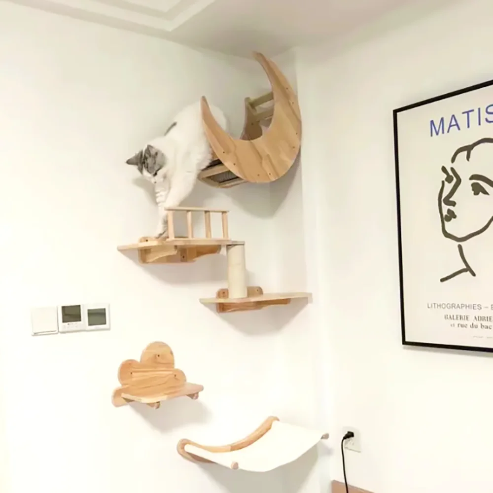 Muebles de pared para gatos con hamaca, cama luna y escalera de madera - imagen 4
