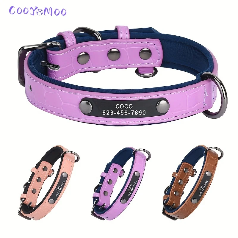 Collar de perro personalizado, Collar de cuero con placa de identificación de perro de cuero personalizado de leopardo para perros pequeños, medianos y grandes, Pugs de Bulldog Pitbull - imagen 2