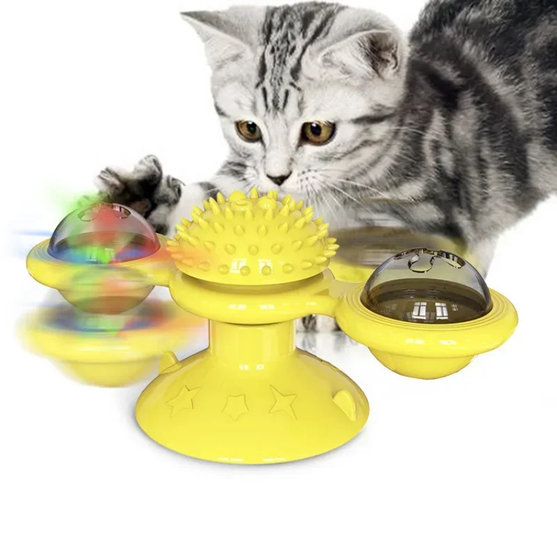 Juguete divertido para gatos, molino de viento giratorio con bola LED y cepillo de pelo para rascar hierba gatera, entrenamiento de inteligencia, ventosa, juguete giratorio para gatos - imagen 4