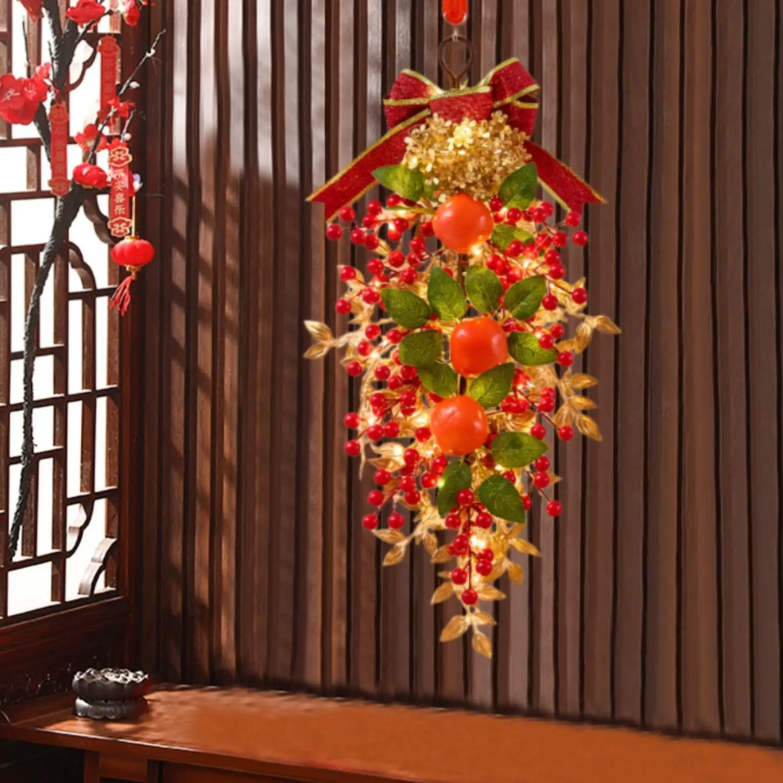 Chinese New Year Wreath PVC Red Floral Door Decoration Artificial Garland with Led Lights for Home Entryway