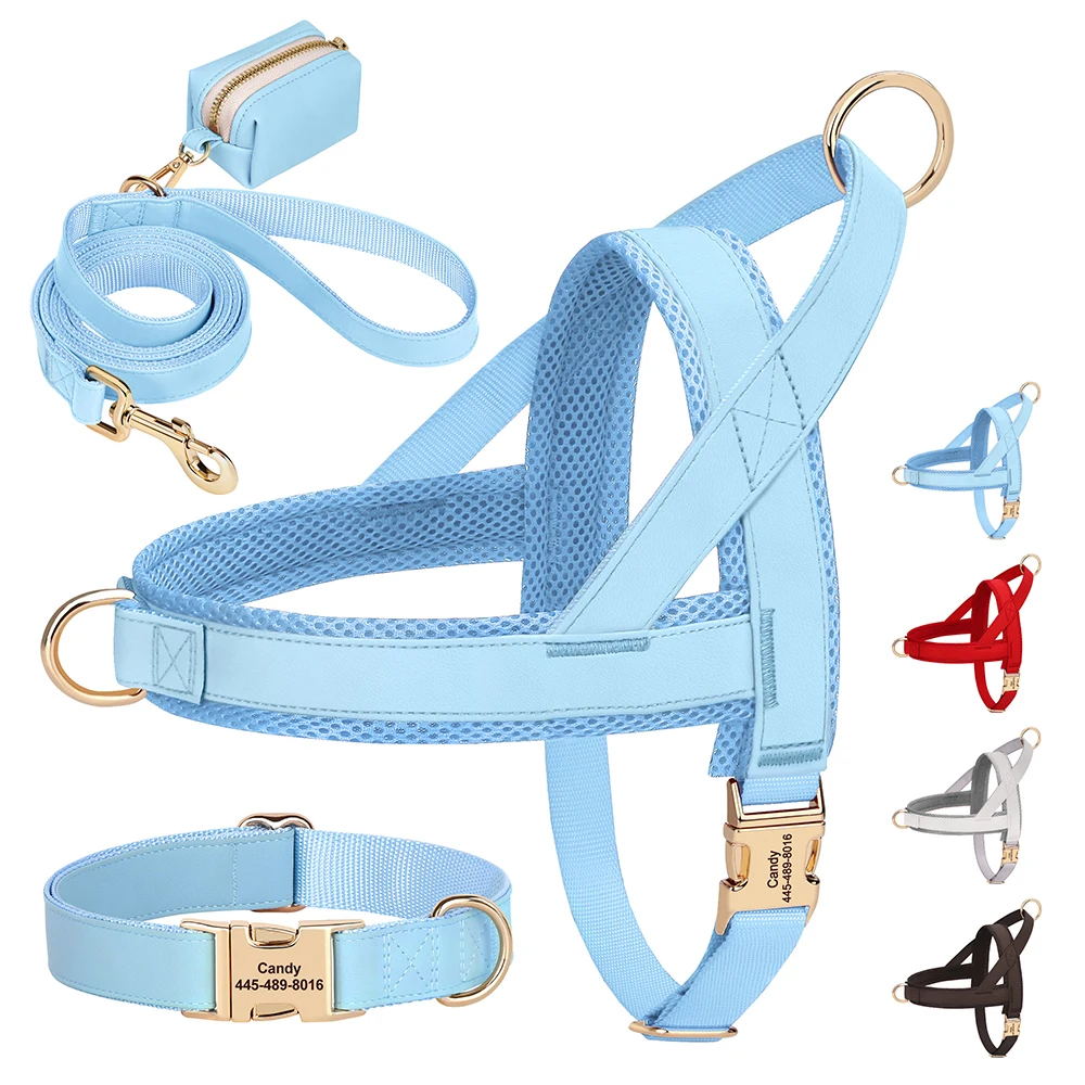 4 unids/lote, arnés de Collar para perro, conjunto de bolsa con correa, collares para perros personalizados, Collar con hebilla grabada gratis para mascotas, arnés, bolsas de basura de cuerda para perros