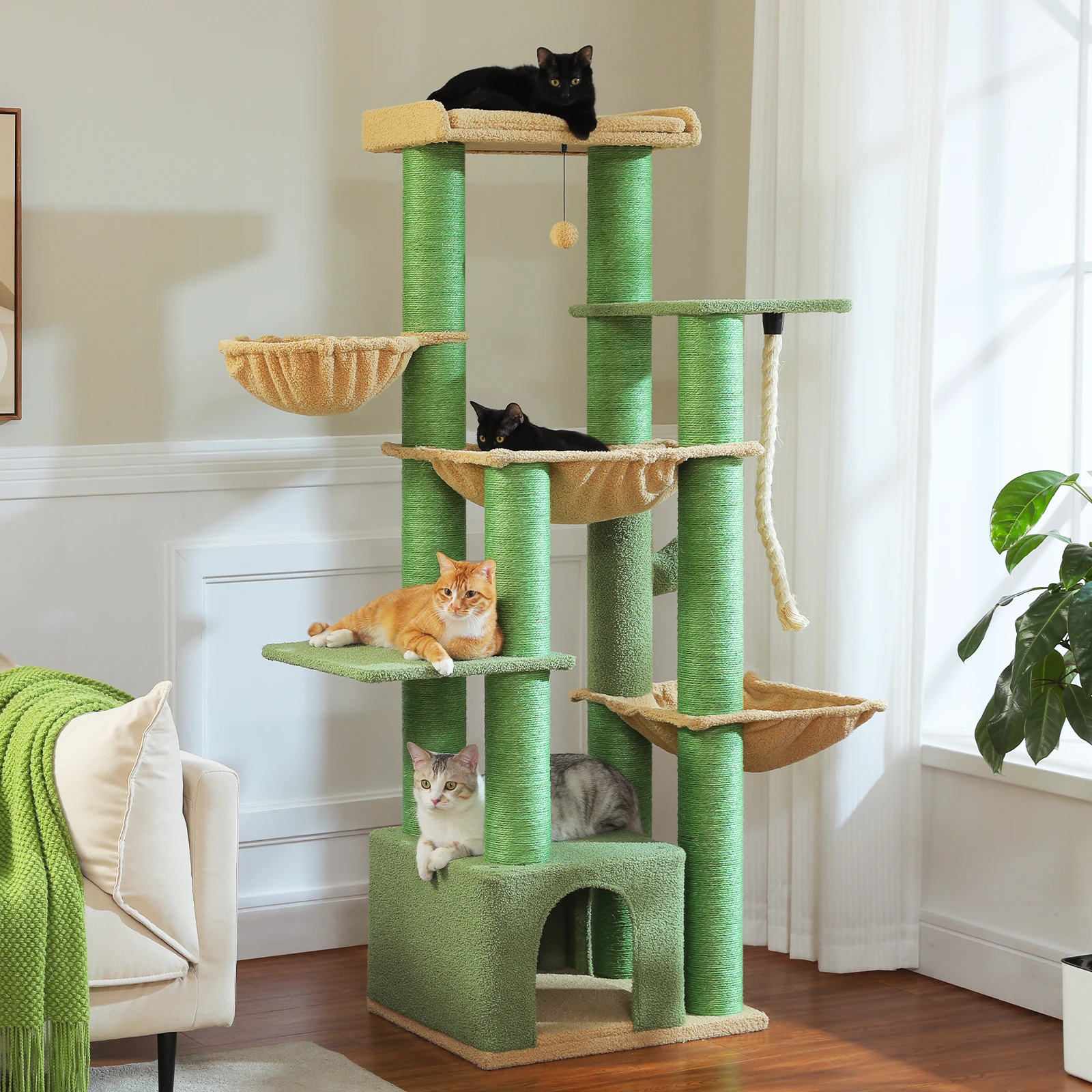 Árbol rascador alto para gatos de interior con postes de sisal gruesos - imagen 4