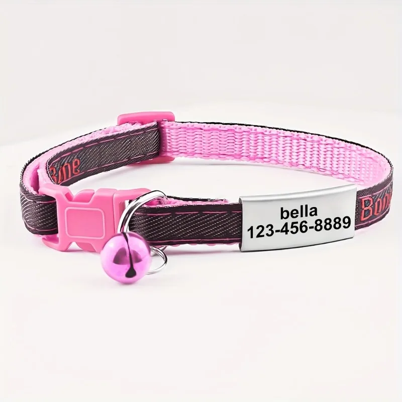 Collar para mascotas personalizado con identificación de nombre personalizado: ajustable para perros y gatos, poliéster duradero, rayas rosas y patrón geométrico