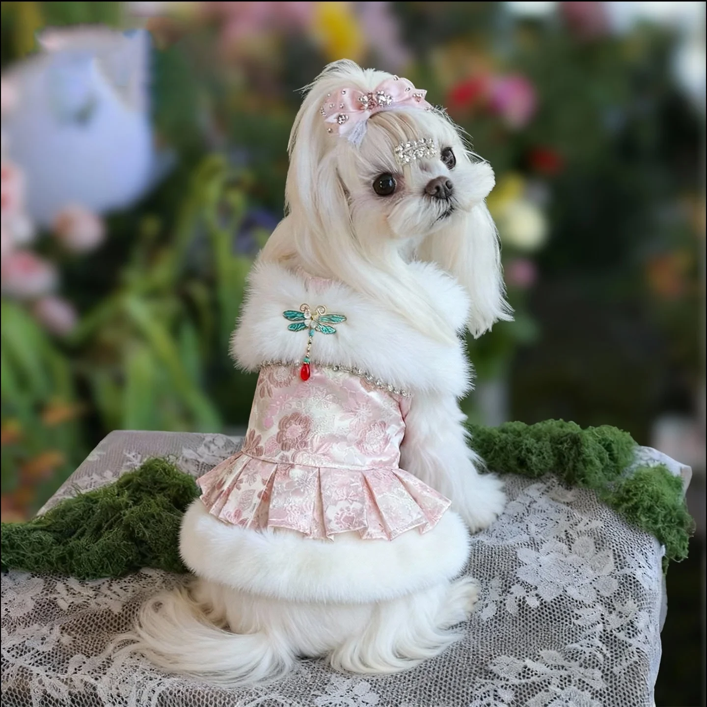 Vestidos de invierno de estilo chino para perros pequeños, vestido de princesa de piel esponjosa para perros, vestido de boda para mascotas, ropa Formal para fiesta de cumpleaños para cachorros - imagen 2