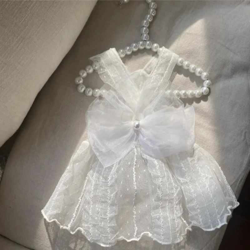 Vestido de boda para mascotas, falda con lazo de verano, falda con pastel de manga voladora para gatos, Top Schnauzer de peluche con arnés para perros, ropa para perros pequeños - imagen 3