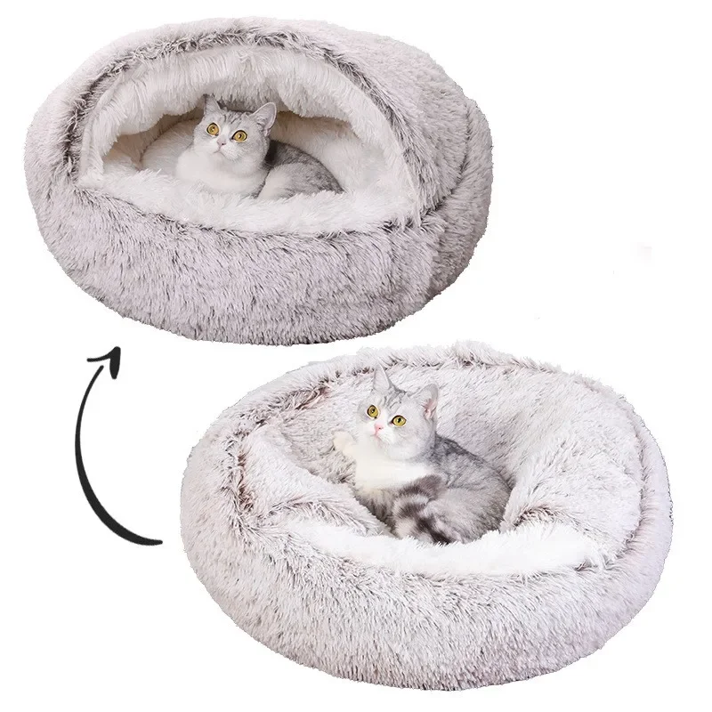 Cama para gatos con repetición, cama redonda de felpa esponjosa con capucha, cueva para gatos acogedora para interiores, Donut, autocalentable, cama para perros pequeños, antiansiedad para invierno - imagen 2