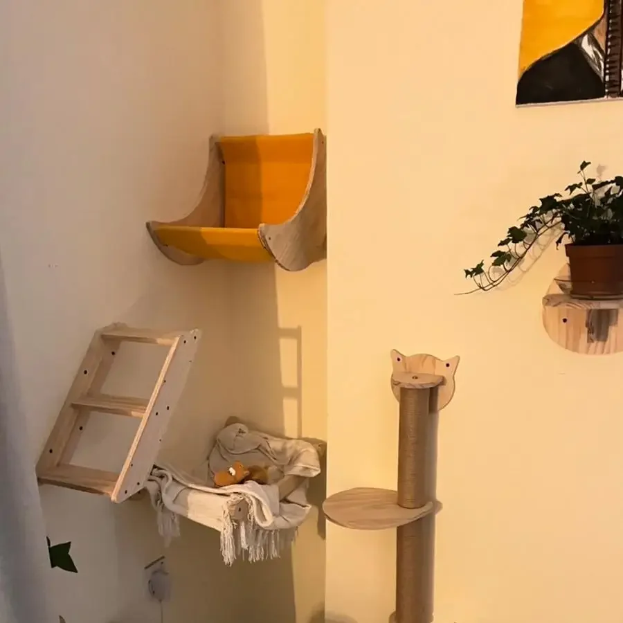 Marco de escalada de madera maciza para gatos, nido para gatos montado en la pared, poste rascador de Sisal para gatos, peldaños de madera, árbol para gatos, torre para gatos - imagen 5