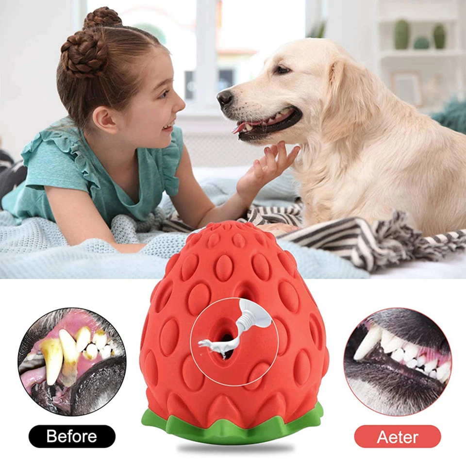 Juguetes para masticar para perros, juguete de goma con forma de fresa para fugas de comida, dispensador de comida duradero y ecológico, juguete para perros - imagen 5