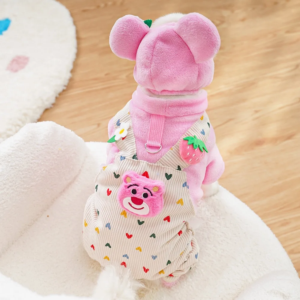 Pink Bear Costume Winter Clothes for Small Dogs Soft Flannel Heart Print Pet Cat Overalls Breathable Four Legs Maltese Clothing - imagen 5