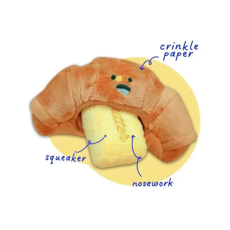 Juguete para olfatear comida oculta, juguetes para perros chirriantes, juguete interactivo de peluche para perros, juguete para masticar, juguetes para mascotas, Croissant, pan, sonido chirriante, juguetes de peluche - imagen 3