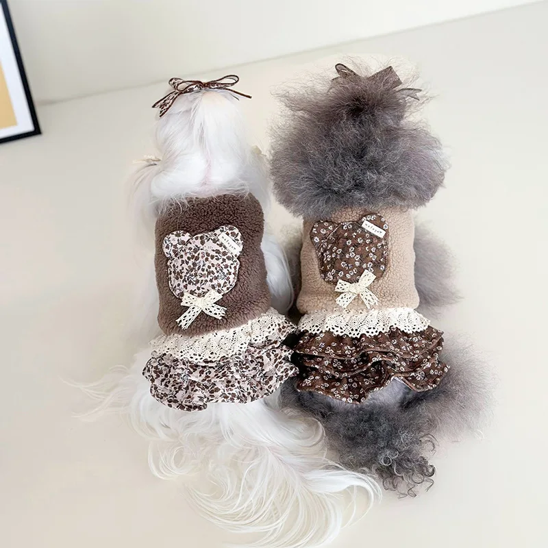 Abrigo de felpa de flores para mascotas, falda de pastel de flores para perros, lindo sombrero de felpa para perros, ropa de invierno, chaleco grueso, falda inferior - imagen 3