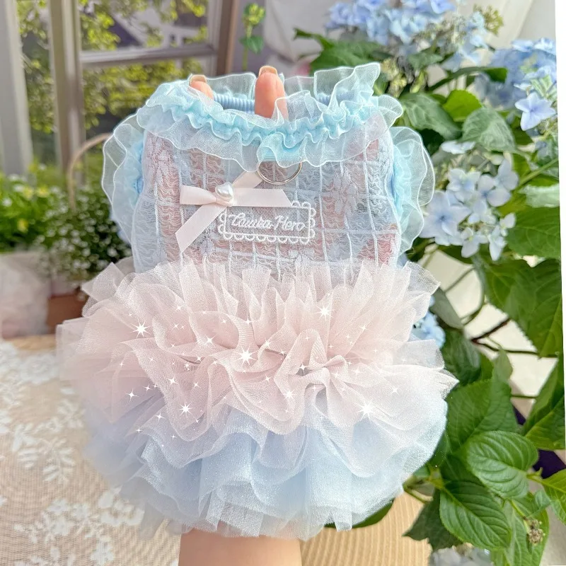Moda princesa Sle gradiente vestidos para mascotas falda de encaje vestido para perros falda de Ballet fina de verano Poodle Teddy ropa para mascotas suministros para mascotas - imagen 2