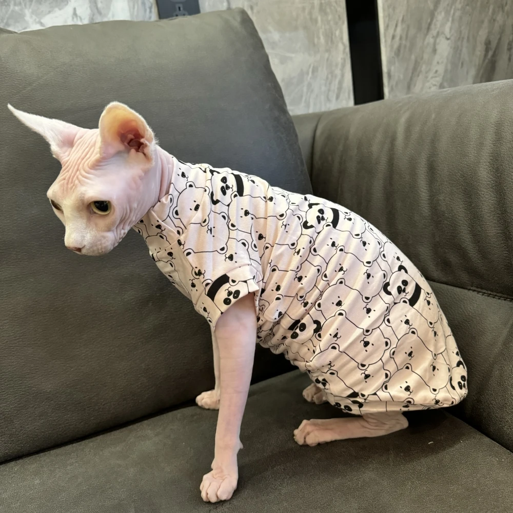 Ropa de gato Sphynx Verano Primavera Rosa Claro Manga Corta Camisa De Algodón Para Gatitos Perros Abrigo Panda De Dibujos Animados Para Devon Rex Cosas - imagen 2