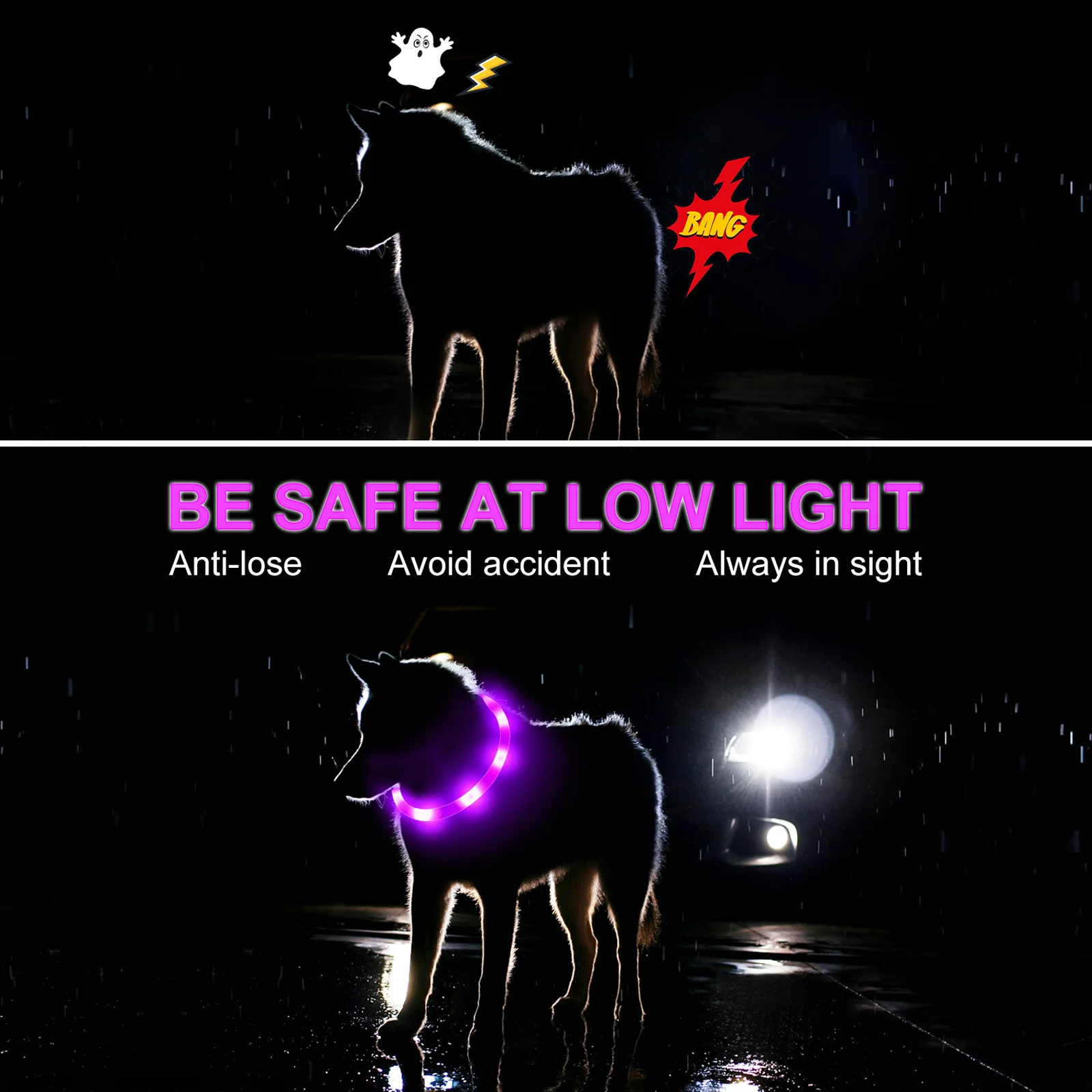 LED-Haustierhalsband mit wiederaufladbarem USB-Sicherheitslicht für Hunde und Katzen – verstellbare Sicherheit, USB-Ladehalsband, 3 Lichtmodi (Vibra - imagen 4