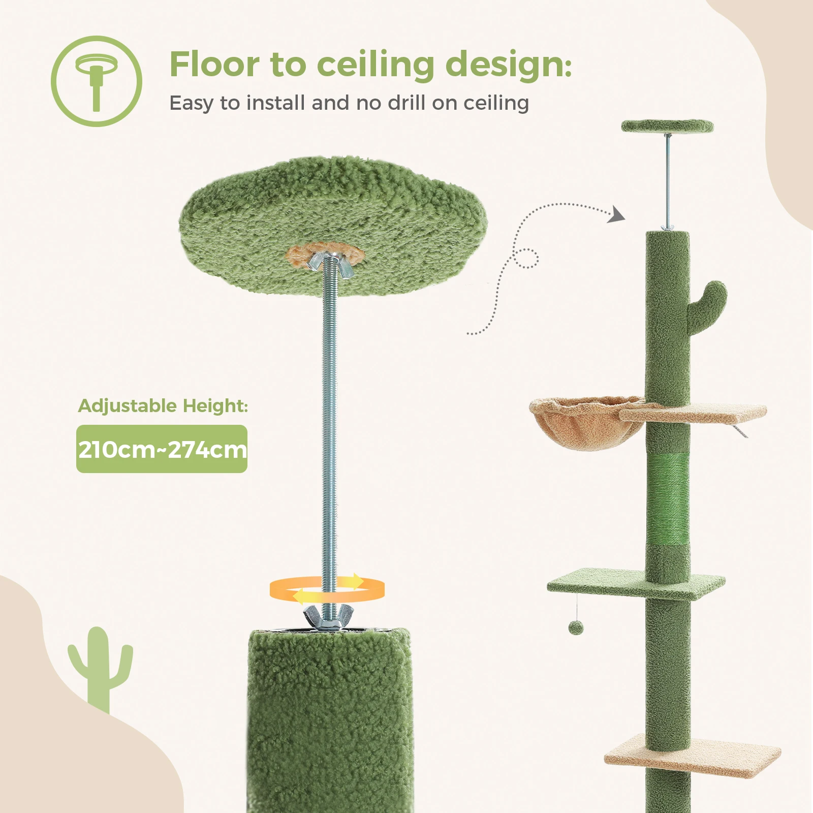 Torre de árbol para gatos de 5 niveles de piso a techo, árbol de escalada para gatos, altura ajustable para gatos de interior con escaleras para rascar Condo - imagen 3