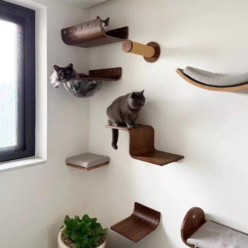 Juego de muebles de madera para gatos, hamaca de fieltro de árbol para gatos montada en la pared, casa para gatos, parque infantil de escalada - imagen 2