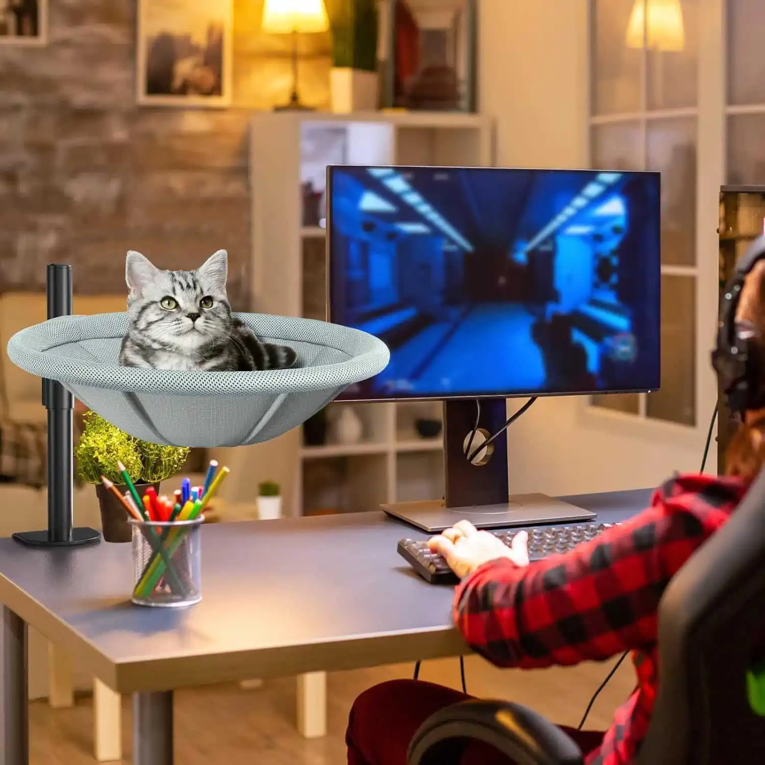 Escritorio nido para gatos cama para mascotas 360 °   Mesa de hamaca para gatos de escritorio, altura ajustable con rotación, soporte colgante, cama para mascotas - imagen 2