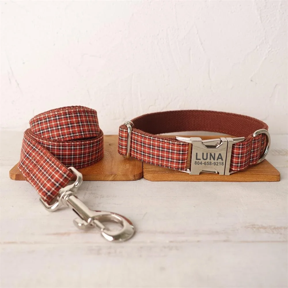 Collar personalizado para perro, Correa con grabado gratis, etiqueta de nombre de identificación, accesorio para mascota, Collar para cachorro a cuadros rojo y marrón