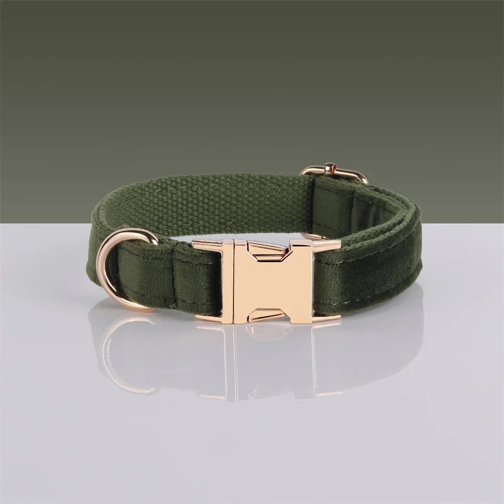 Conjunto de Collar y correa ajustables suaves para perros y gatos, collares personalizados de terciopelo verde Vintage, arnés para cachorros con grabado - imagen 3